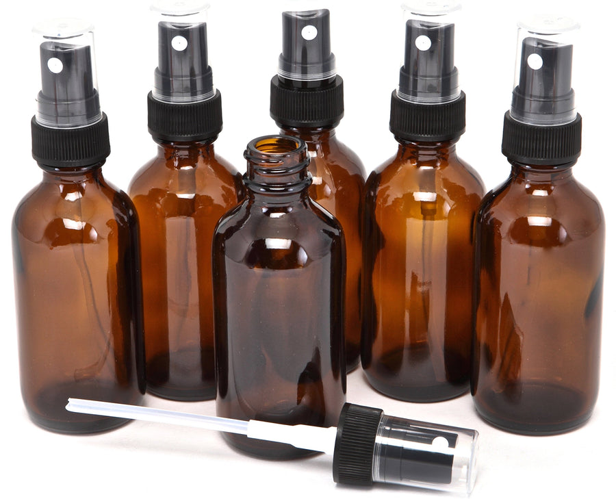 6, Amber, 2 oz Glass Bottles, with Black Fine Mist Sprayers