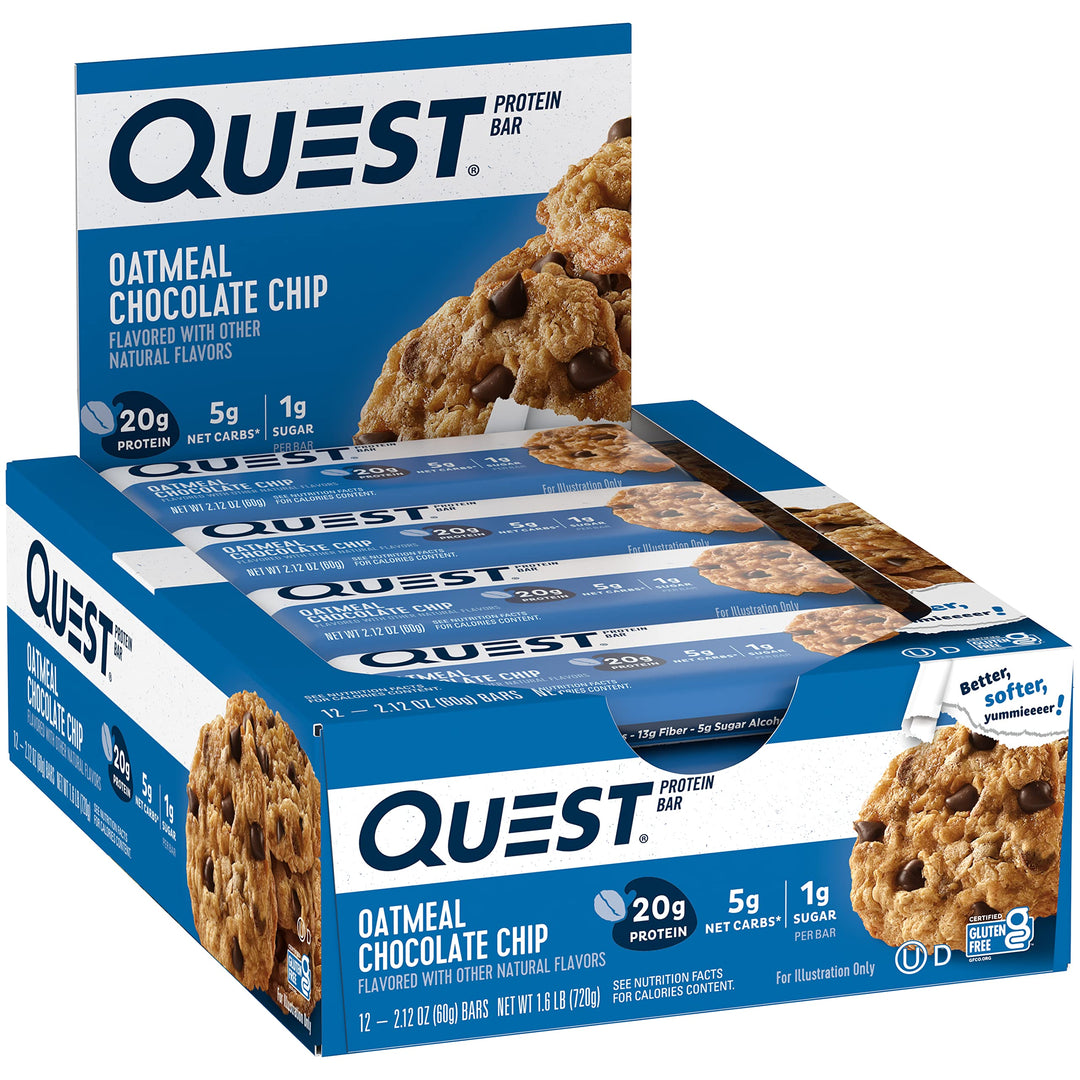 Oatmeal Chocolate Chip Protein Bars, 20g Protein, 1g Sugar, 5g Net Carb, Gluten Free, Keto Friendly, 12 Count