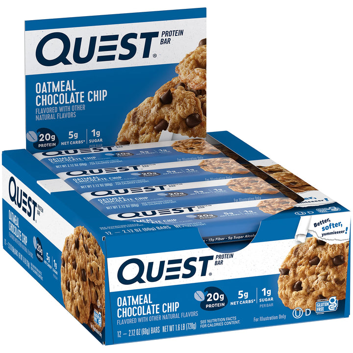 Oatmeal Chocolate Chip Protein Bars, 20g Protein, 1g Sugar, 5g Net Carb, Gluten Free, Keto Friendly, 12 Count