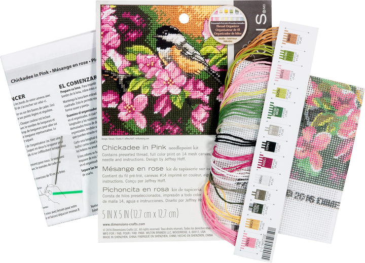 'Chickadee In Pink' Mini Needlepoint Kit for Beginners, 14 Mesh Canvas, 5'' x 5''