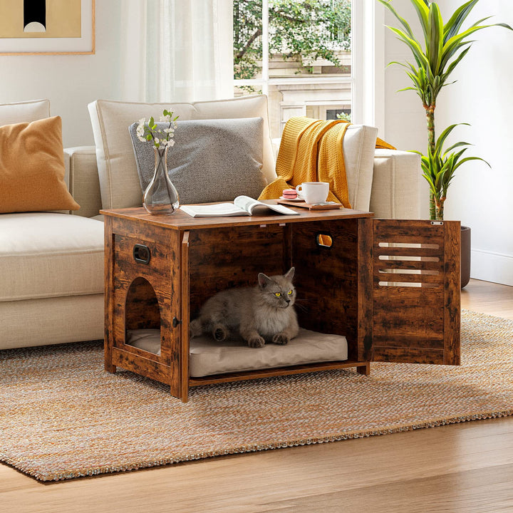Litter Box Enclosure, Cat Litter House with Louvered Doors, Entrance Can Be on Left or Right Side, Spacious Hidden Washroom for Most of Litter Box, Cat Furniture Cabinet, Rustic Brown