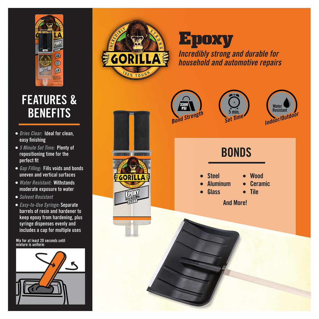 2 Part Epoxy, 5 Minute Set, .85 Ounce Syringe, Clear, (Pack of 6)
