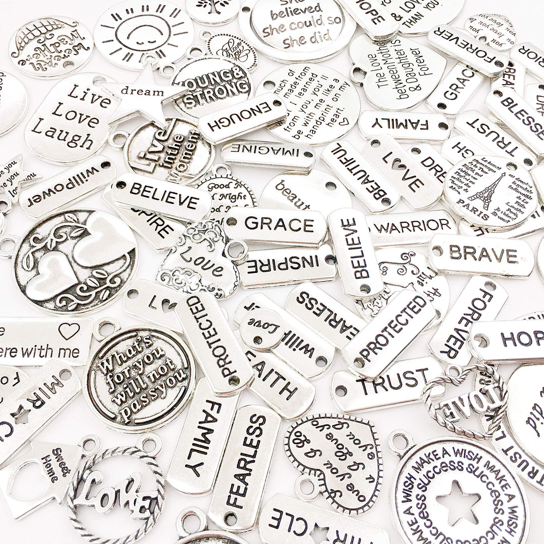 80pcs Inspiration Word Charms Pendants Engraved Motivational Charms Pendants for DIY Necklaces Bracelets Bangles Jewelry Making Fashion Accessories