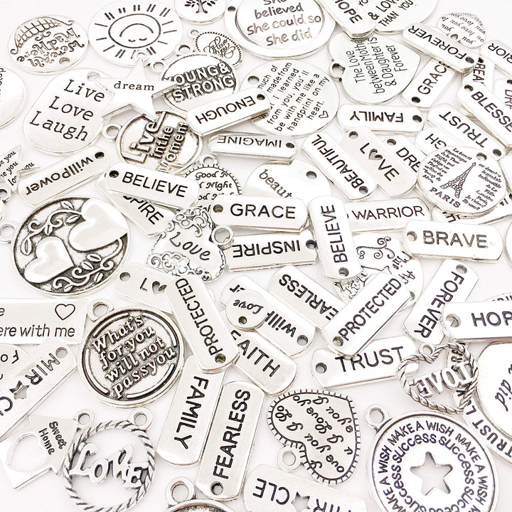 80pcs Inspiration Word Charms Pendants Engraved Motivational Charms Pendants for DIY Necklaces Bracelets Bangles Jewelry Making Fashion Accessories