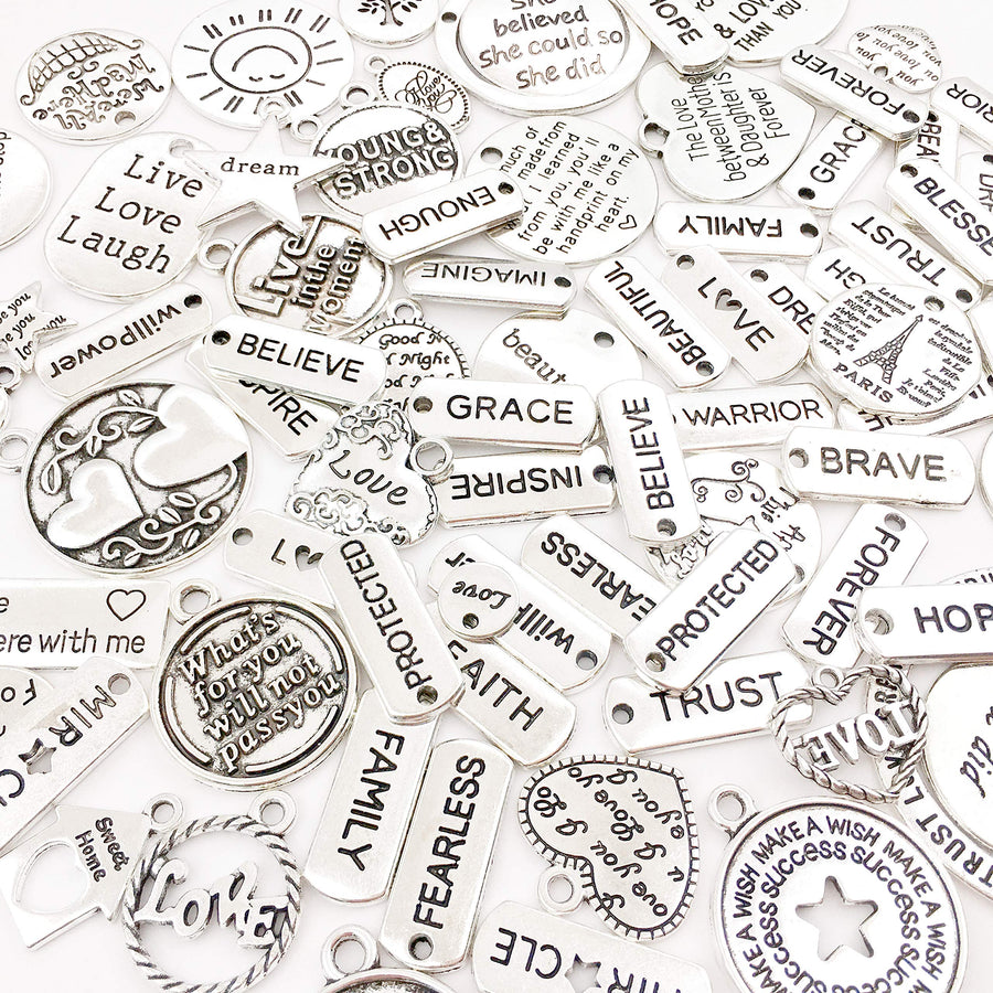 80pcs Inspiration Word Charms Pendants Engraved Motivational Charms Pendants for DIY Necklaces Bracelets Bangles Jewelry Making Fashion Accessories