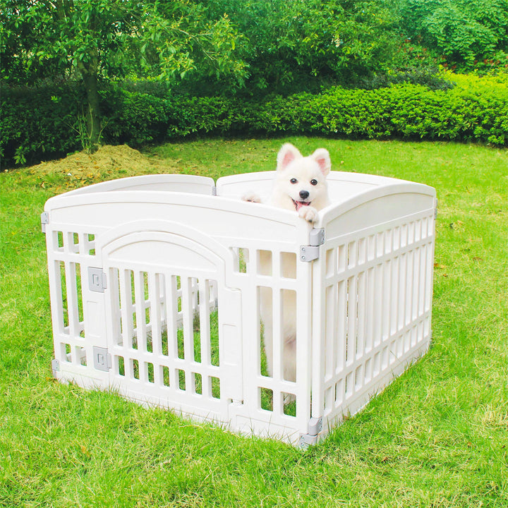 Pet Playpen Gate for Dogs Heavy Plastic Puppy Exercise Pen Small Pets Fence Puppies Folding Cage 4 Panels for Puppies and Small Dogs House White (33.5x33.5 Inches)
