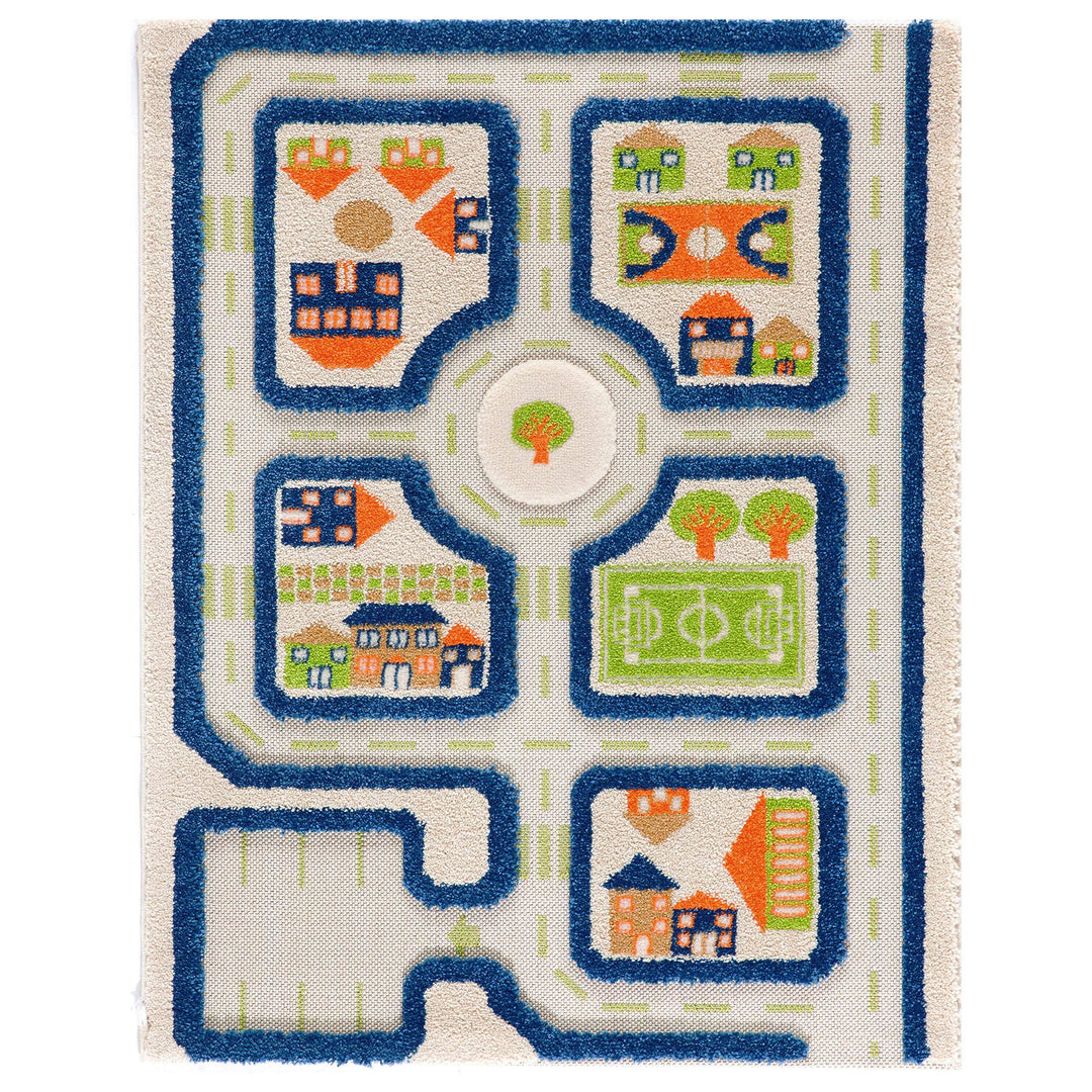 Thick 3D Childrens Play Mat & Rug in A Colorful Town Design for Kids with Soccer Field, Car Park & Roads, Blue, 32 x 45 inches