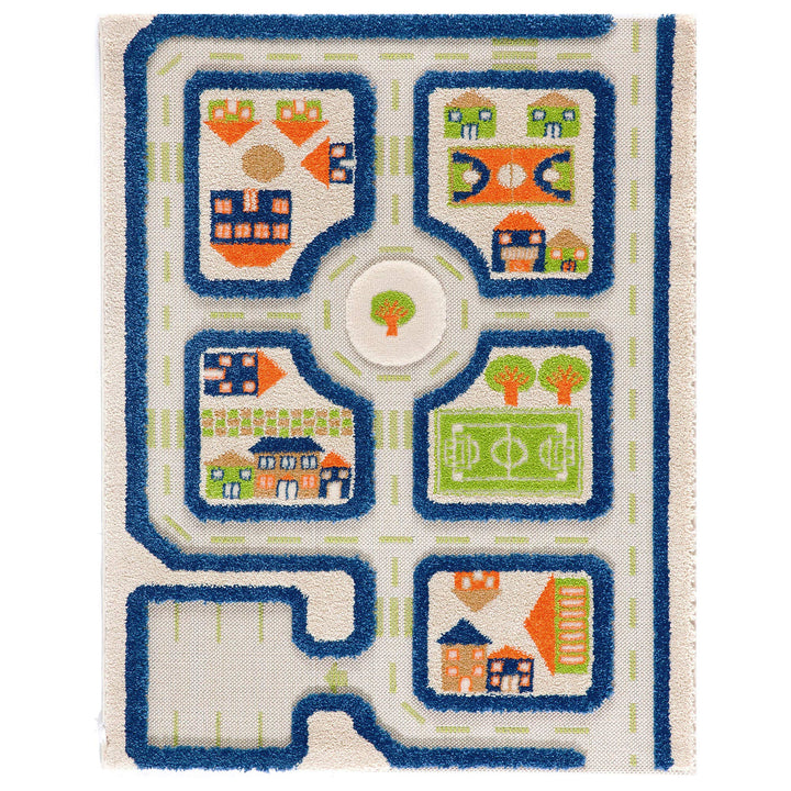 Thick 3D Childrens Play Mat & Rug in A Colorful Town Design for Kids with Soccer Field, Car Park & Roads, Blue, 32 x 45 inches