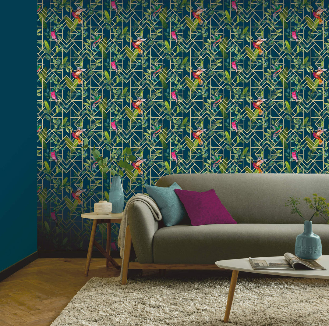 Deco Tropical Navy/Gold Wallpaper
