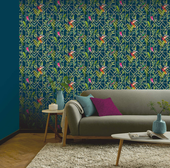 Deco Tropical Navy/Gold Wallpaper