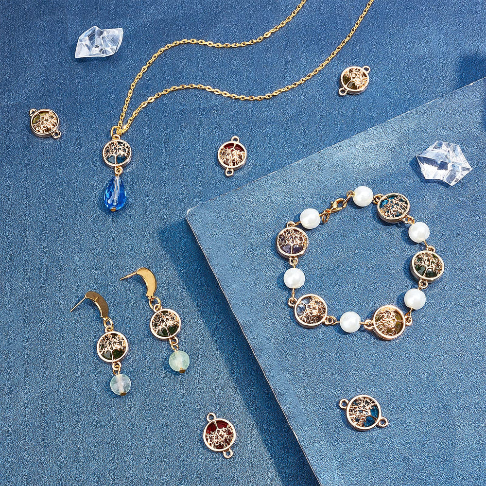 8 Color Tree of Life Pendant Charms Chakra Crystal Stone Pendant Positive Gemstone Pendant Quartz Charms for Necklace Earring Breast Cancer Awareness Jewelry Making Crafting, 32pcs