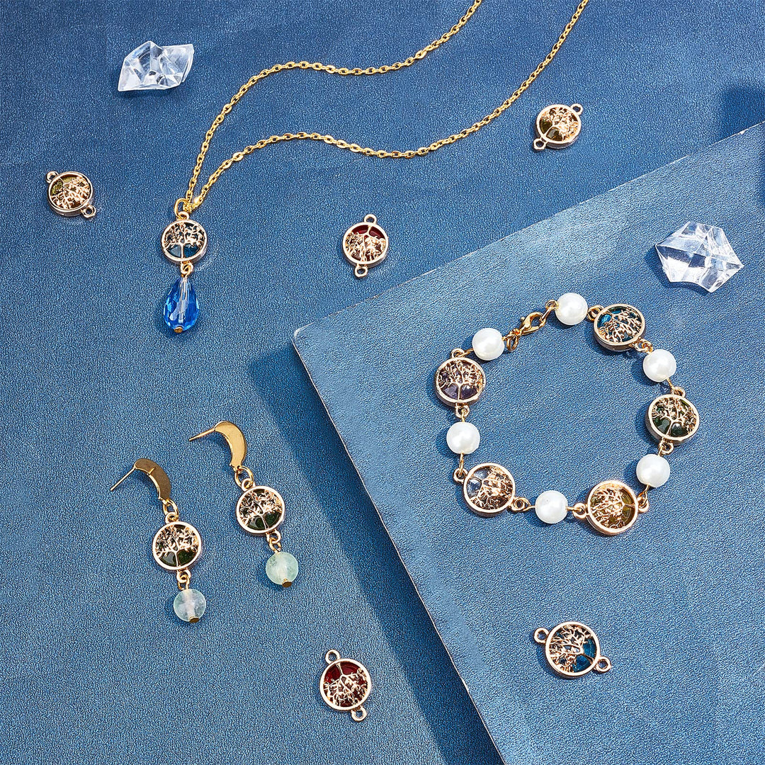 8 Color Tree of Life Pendant Charms Chakra Crystal Stone Pendant Positive Gemstone Pendant Quartz Charms for Necklace Earring Breast Cancer Awareness Jewelry Making Crafting, 32pcs