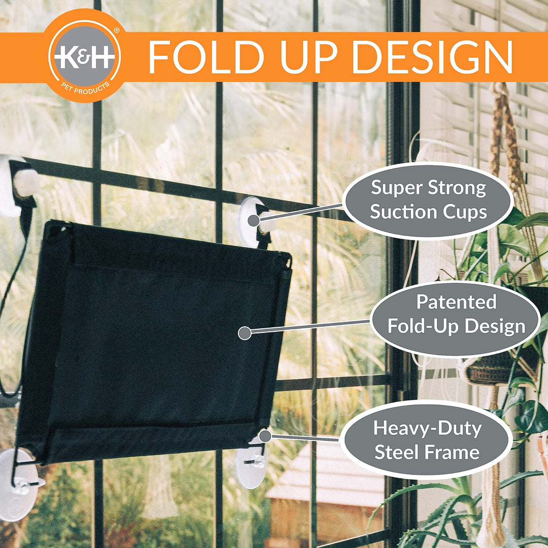 K&H Pet Products EZ Mount Cat Window Perch for Large Cats, Sturdy Kitty Sill Window Hammock Bed, Steel Frame, Sturdy Suction Cups, Washable Shelf Cover, Foldable - Fits 27W X 23H Glass Spaces