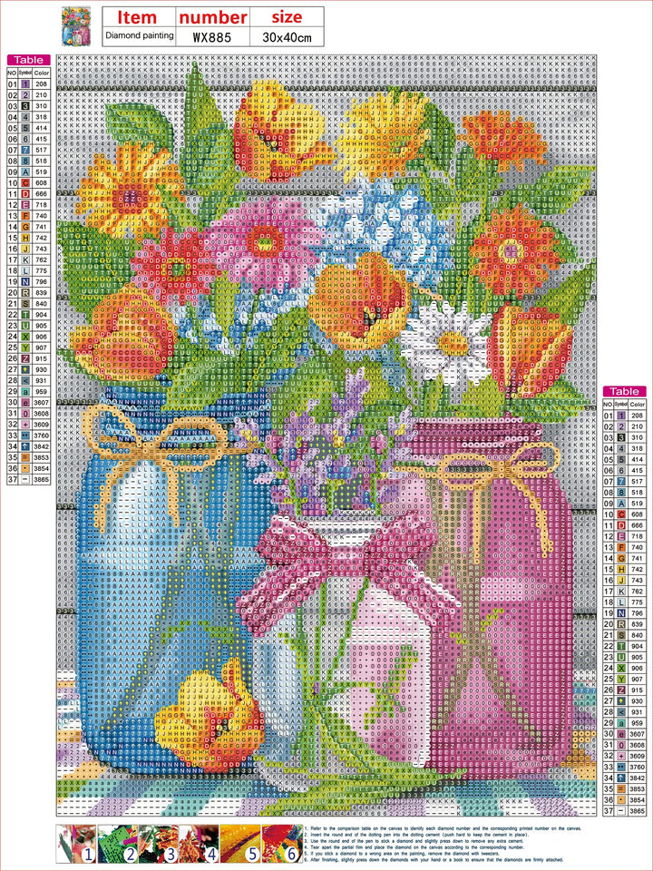 DIY Flowers Diamond Painting Kits for Adults, Round Full Drill Gem Flowers Diamond Painting Kits, 5D DIY Spring Floral Jars Diamond Art Painting Kits for Home Wall Decor 12x16 Inch