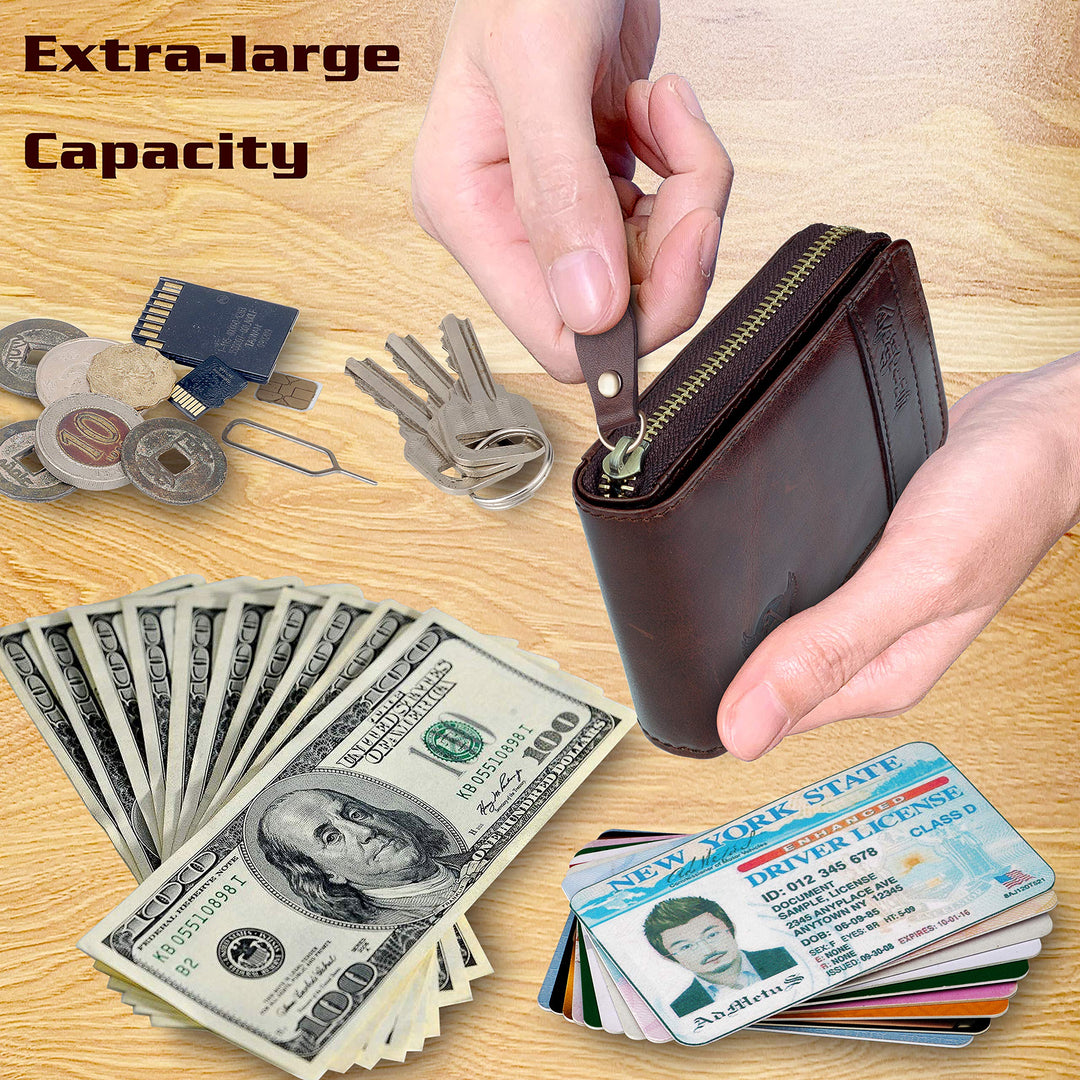 Wallet for Men Leather Zipper Bifold Wallet RFID Blocking Credit Card Holder with Gift Box Brown
