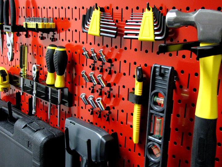 Modular Pegboard Tool Organizer System - Wall-Mounted Metal Peg Board Tool Storage Unit for Pegboard Tiling (Red Pegboard)