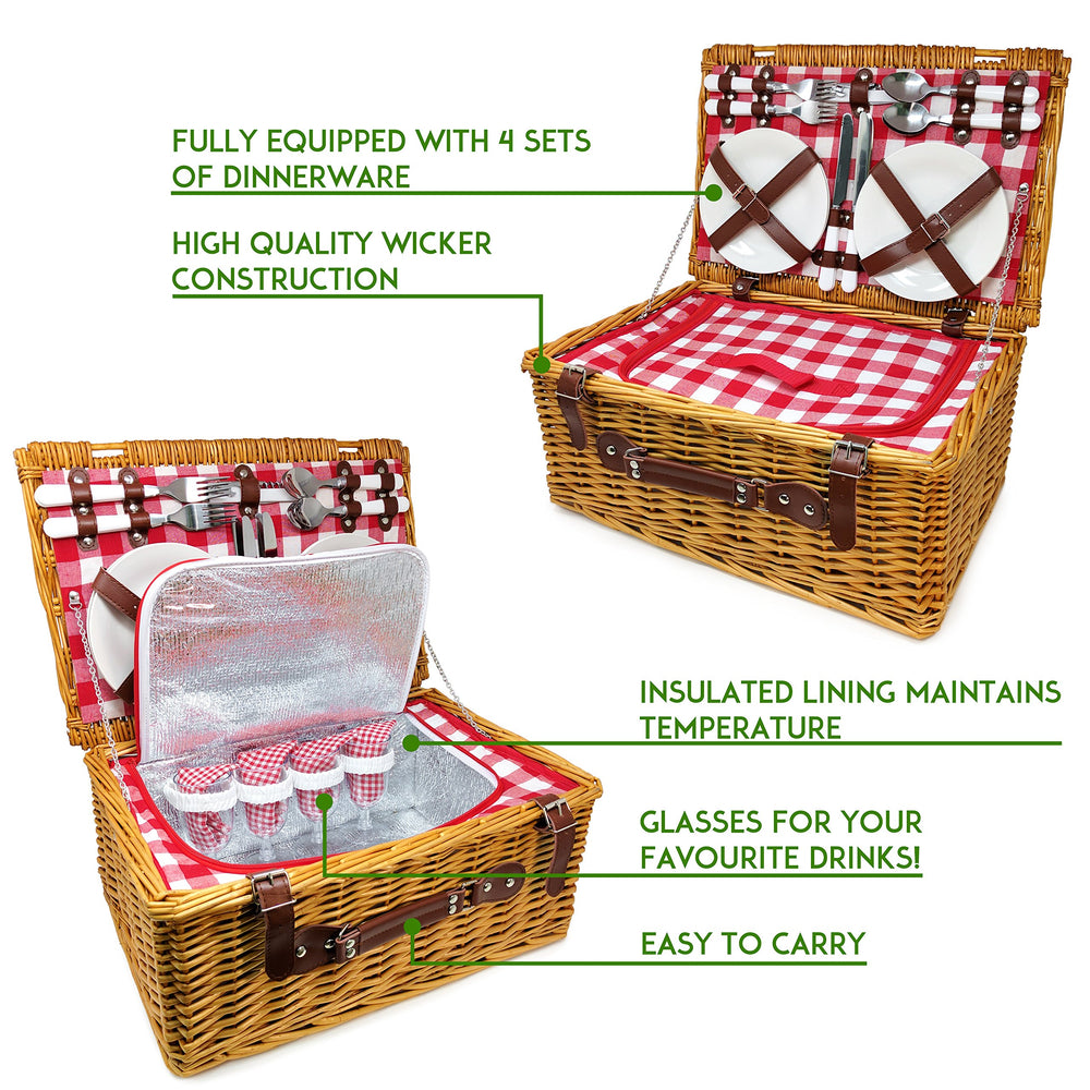 Picnic Basket, Wicker Basket with Handle for Outdoors, Insulated Woven Basket, Includes a Service Kit of Dinnerware & Wine Glasses, Picnic Basket Set for 4, Red & White