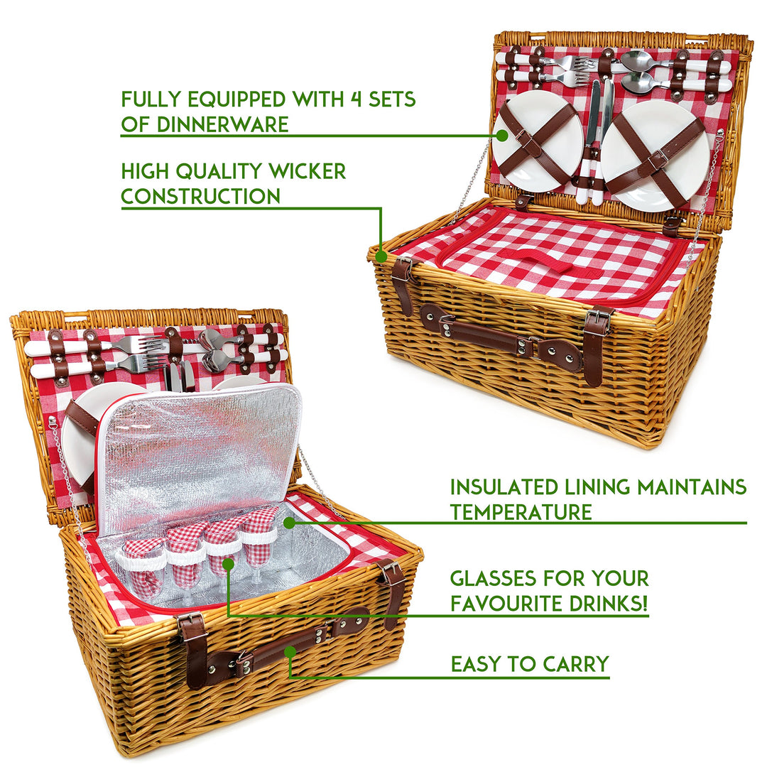 Picnic Basket, Wicker Basket with Handle for Outdoors, Insulated Woven Basket, Includes a Service Kit of Dinnerware & Wine Glasses, Picnic Basket Set for 4, Red & White