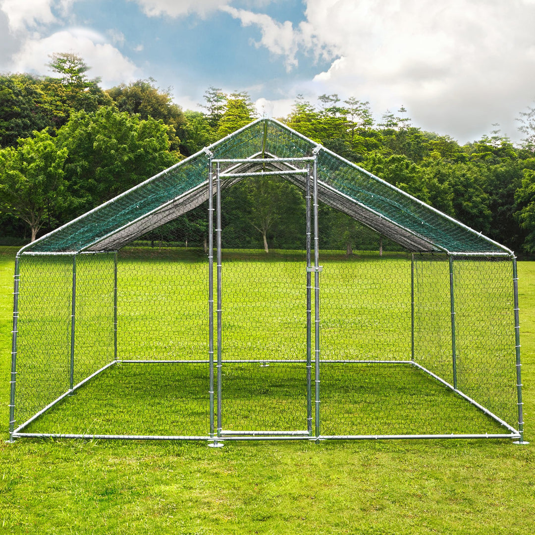 Large Metal Chicken Coop Walkin Poultry Cage Hen Run House Rabbits Habitat Cage Spire Shaped Coops with Waterproof and Anti-Ultraviolet Cover for Backyard Farm (13.1’L x 9.8’W x 6.5’H)