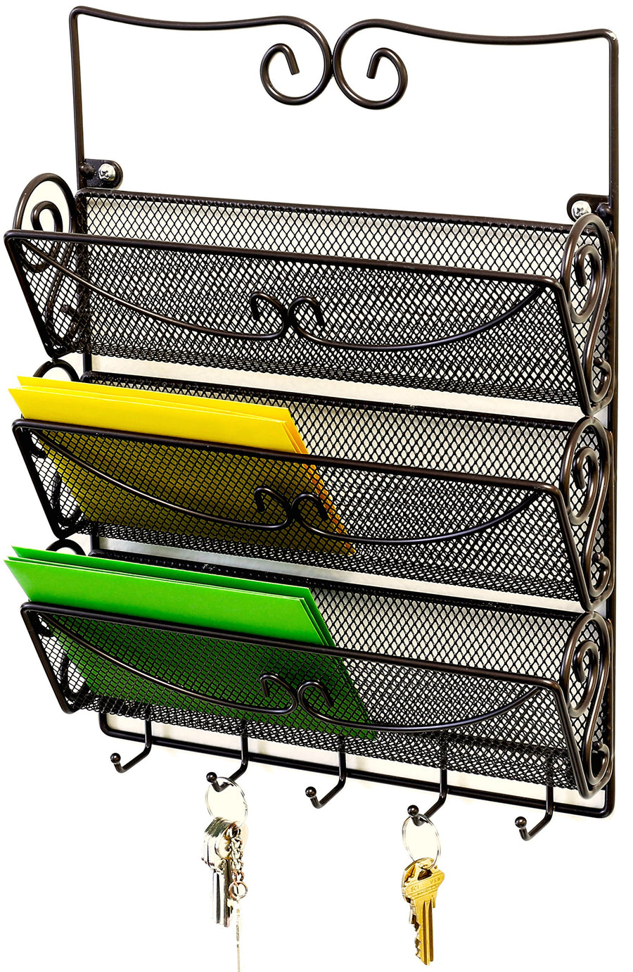 Wall Mail Organizer with 5 Key Holder, 3 Tier, Bronze