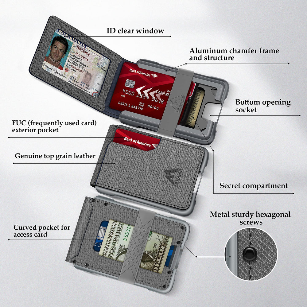 Mens Wallet Tactical Bifold Wallets for Men Metal RFID Blocking Aluminum Money Cards Holder Gifts for Men (Saffiano Grey)