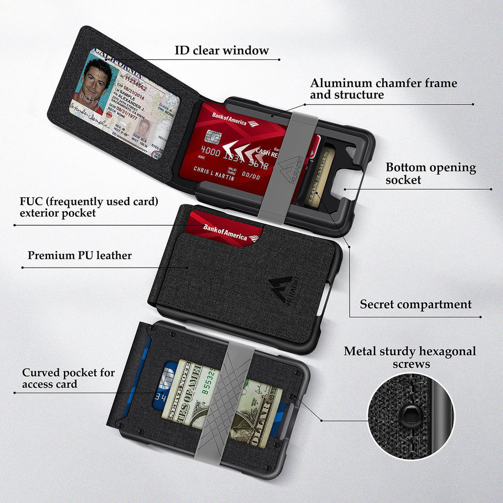 Mens Wallet Tactical Bifold Wallets for Men Metal RFID Blocking Aluminum Money Cards Holder Gifts for Men (Black PU)