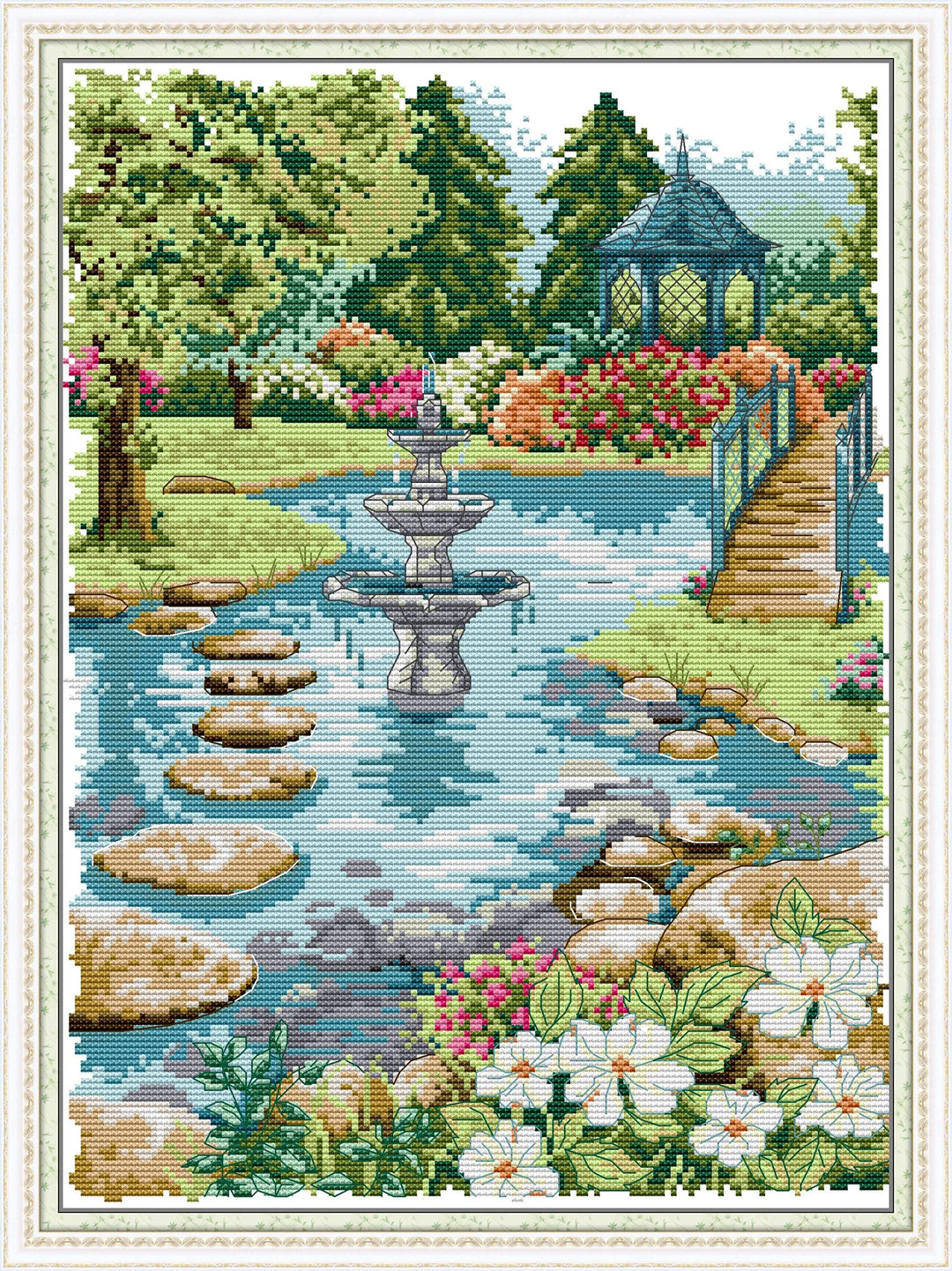 Cross Stitch Kits Stamped Full Range of Embroidery Starter Kits for Beginners DIY 11CT 3 Strands -Waterfront Garden (Printed) 16.5×21.7 inch