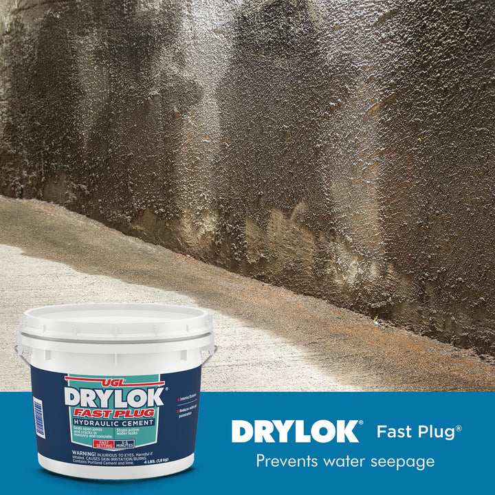 UGL DRYLOK Fast Plug Hydraulic Cement, 4 lb – Stops Water Leaks Instantly, Sets in 3-5 Minutes, Ideal for Masonry Cracks, Gray