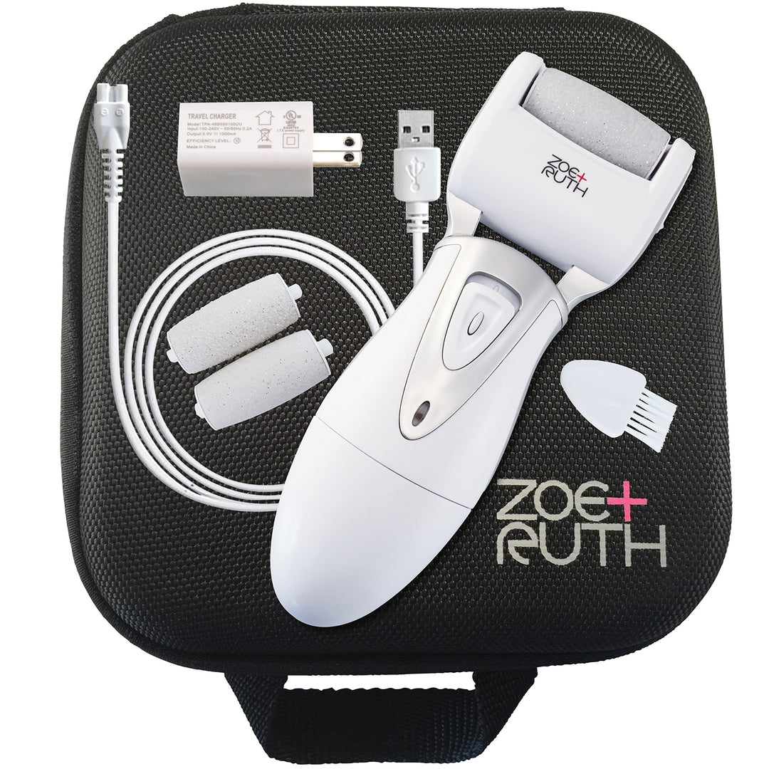 Electric Callus Remover Foot File, Rechargeable Pedicure Tools for Dry Hard Cracked Dead Skin on Your Heels & Feet ZR-CR200. 3 Professional Quality Pedi Exfoliation Rollers & Storage Case