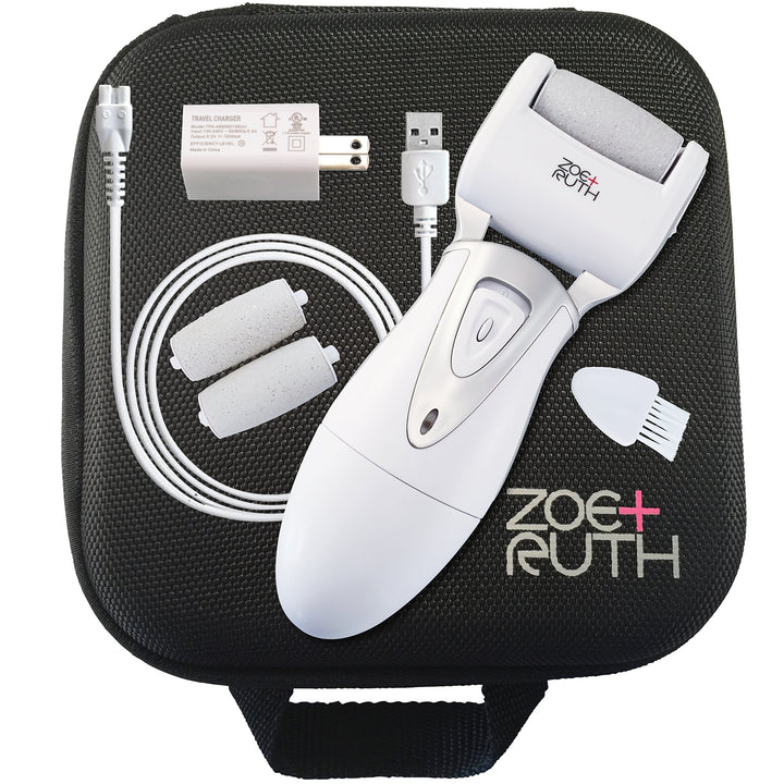 Electric Callus Remover Foot File, Rechargeable Pedicure Tools for Dry Hard Cracked Dead Skin on Your Heels & Feet ZR-CR200. 3 Professional Quality Pedi Exfoliation Rollers & Storage Case