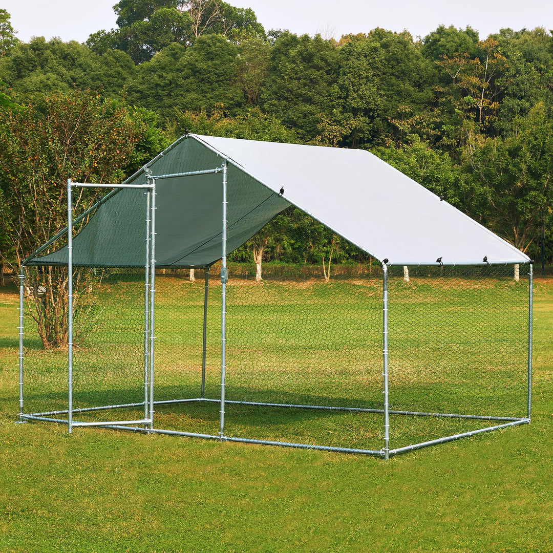 Metal Chicken Coop with Run Walkin Poultry Habitat Supplies with Waterproof and Anti-Ultraviolet Cover for Backyard Farm Garden, Cage for Rabbits/Cats/Dogs(6.5' L x 9.8' W x 6.5' H)