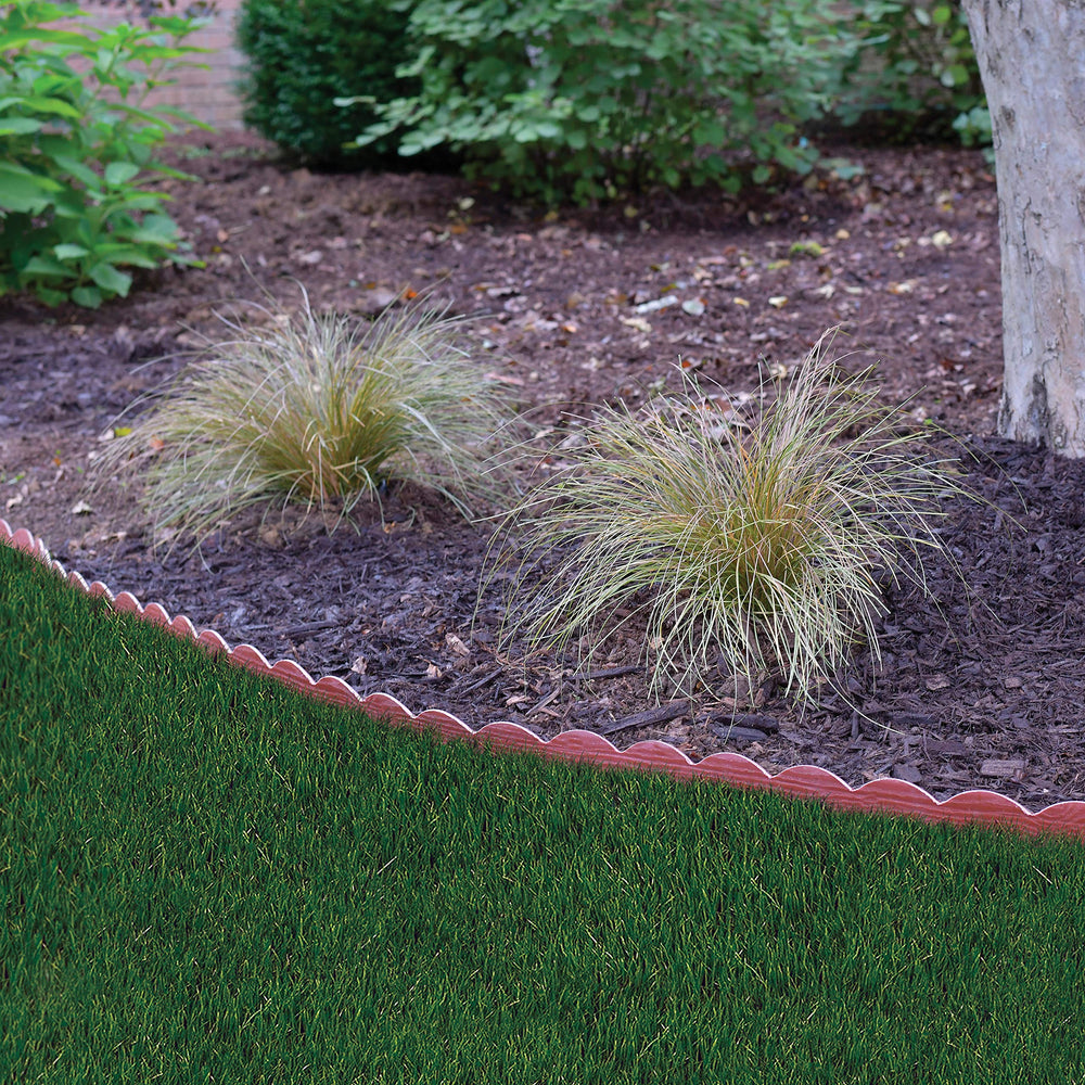EasyFlex Decorative No-Dig Landscape Edging with Anchoring Spikes, 2.5 in. Tall Scalloped Top Garden Border with Woodgrain Texture, 40 Foot Kit, Red (3210RDE-40C)