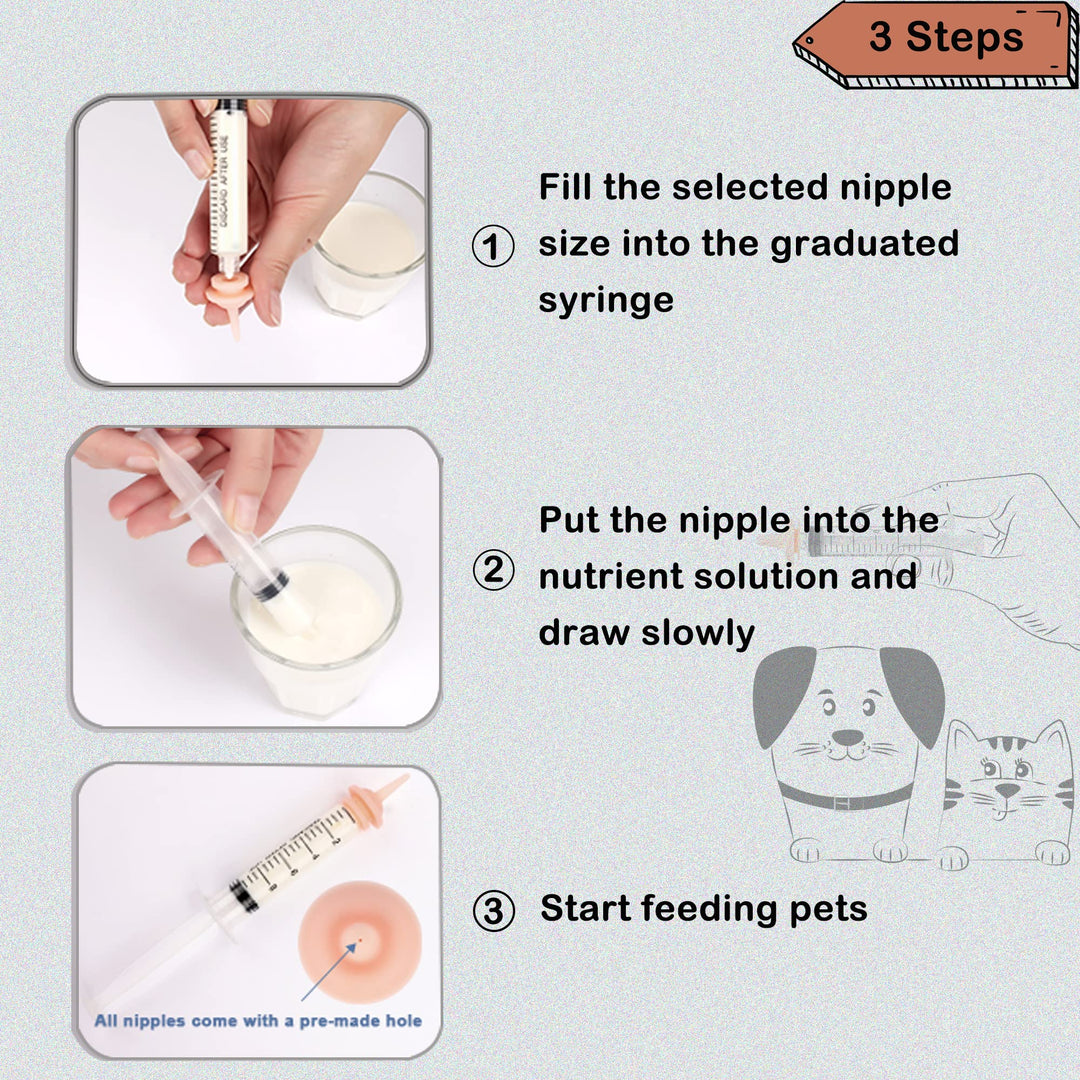 Pet Feeding Nipple for Kitten and Puppy Silicone Feeding Pacifier for Pets and Wildlife - Includes Mini, Original, Medium, Large, Double 1-10ml Oring Syringe