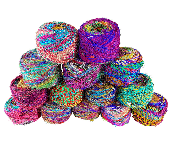 Recycled Sari Silk Yarn, Multi-Color Pure Silk Yarn, Made from Handspun Used Sari Fabric Ribbon Scraps, Rainbow Yarn for Knitting, Weaving & Crocheting 100 Grams per Ball (2-Pack)