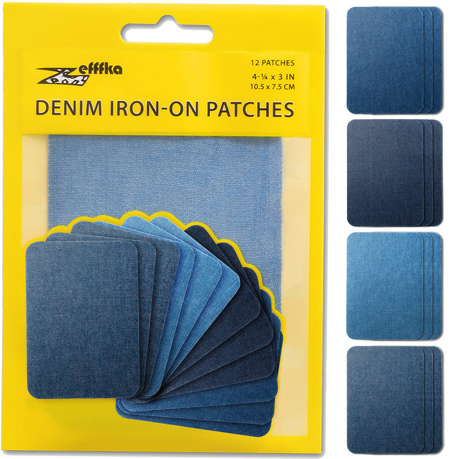 Denim Iron-on Patches Inside & Outside Strongest Glue 100% Cotton Black and White Repair Decorating Kit 12 Pieces Shades of Blue Size 3 by 4-1/4 (7.5 cm x 10.5 cm)
