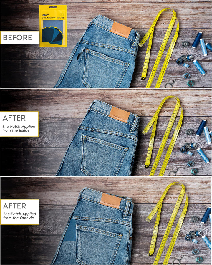 Denim Iron-on Patches Inside & Outside Strongest Glue 100% Cotton Black and White Repair Decorating Kit 12 Pieces Shades of Blue Size 3 by 4-1/4 (7.5 cm x 10.5 cm)