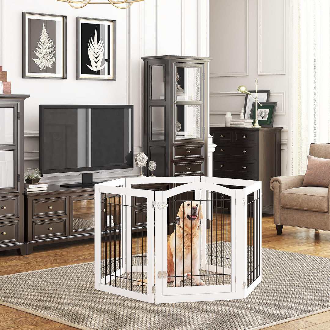 144-inch Extra Wide 30-inches Tall Dog gate with Door Walk Through, Freestanding Wire Pet Gate for The House, Doorway, Stairs, Pet Puppy Safety Fence, Support Feet Included, White,6 Panels