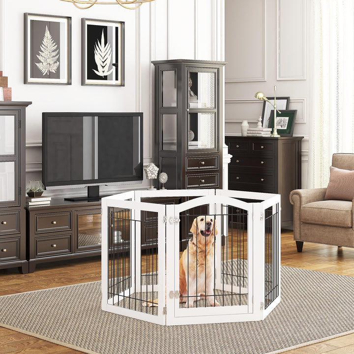 144-inch Extra Wide 30-inches Tall Dog gate with Door Walk Through, Freestanding Wire Pet Gate for The House, Doorway, Stairs, Pet Puppy Safety Fence, Support Feet Included, White,6 Panels
