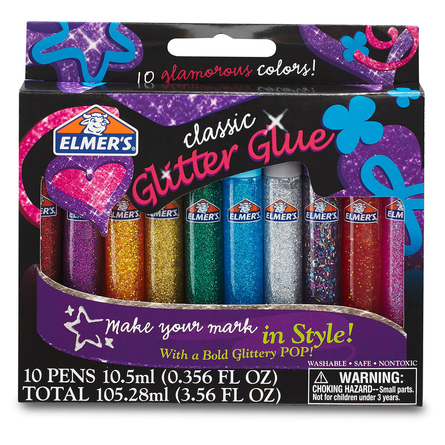 ELMERS E199 3D Washable Glitter Glue Pens, Classic Rainbow, Pack of 10 Pens - Great For Making Slime