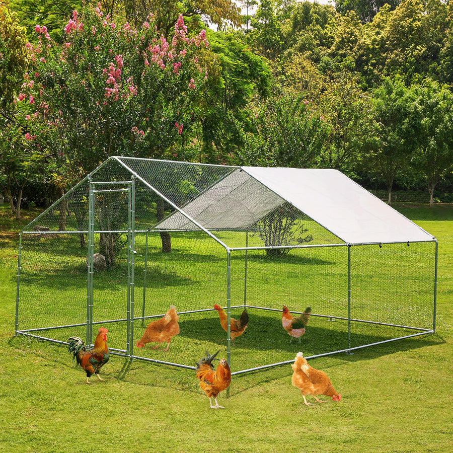 Large Metal Chicken Coop Walkin Poultry Cage Hen Run House Rabbits Habitat Cage Spire Shaped Coops with Waterproof and Anti-Ultraviolet Cover for Backyard Farm (13.1’L x 9.8’W x 6.5’H)