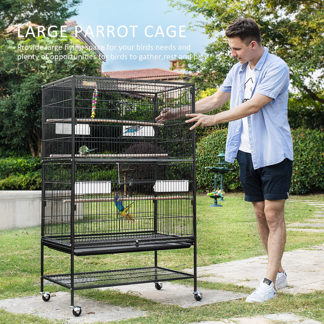 53 Inch Wrought Iron Large Bird Cage with Rolling Stand for Parrots Conures Lovebird Cockatiel Parakeets Black