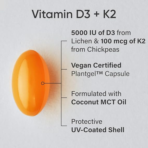 ® Vitamin D3 + K2 with Coconut MCT Oil | Vegan D3 5000 IU with K2 100 mcg for Bone & Immune Health | Vegan Certified, Soy & Gluten Free - 120 Softgels