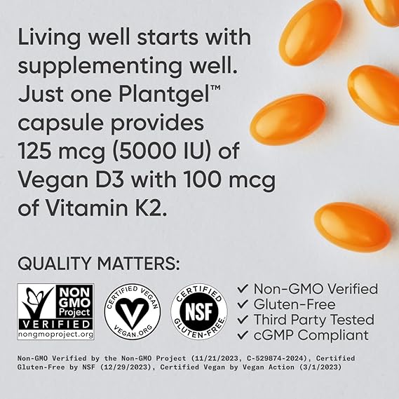 ® Vitamin D3 + K2 with Coconut MCT Oil | Vegan D3 5000 IU with K2 100 mcg for Bone & Immune Health | Vegan Certified, Soy & Gluten Free - 120 Softgels