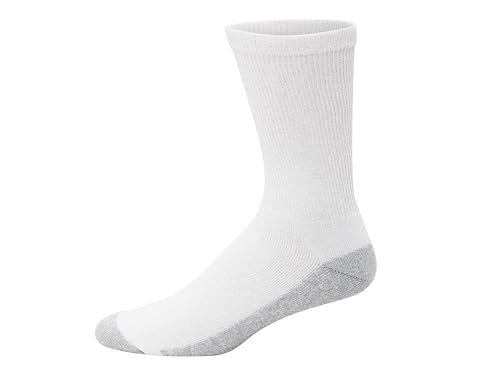 Mens Double Tough Socks, 12-pair Pack Crew Socks, White/Grey Foot Bottom, 6-12