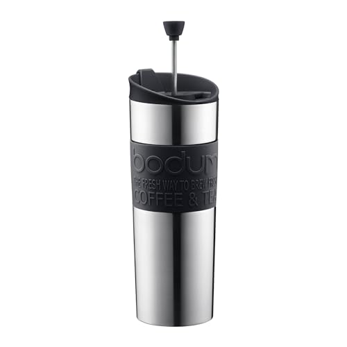 Travel Press, Vacuum Insulated, Stainless Steel Portable Coffee Maker and Tea Press, 15oz, Black