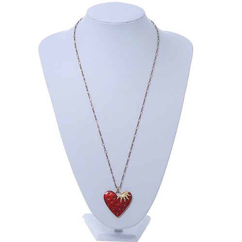 Red Enamel Crystal Heart Pendant With Gold Tone Long Chain - 70cm Length/ 7cm Extension