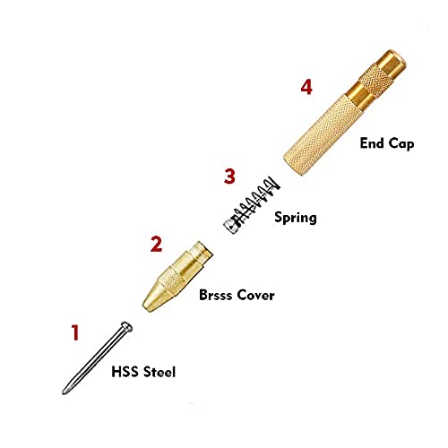 SemiAutomatic Center Punch, 5 inch Brass Spring Loaded Center Hole Punch Hand Tool with Adjustable Tension for Metal or Wood