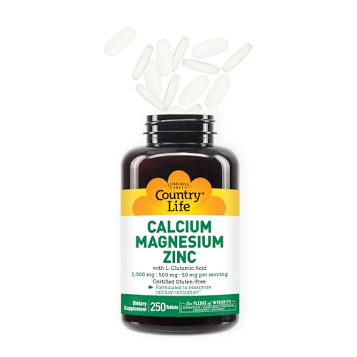 Calcium Magnesium Zinc with Vitamin D3 and L-Glutamic Acid, Dietary Supplement for Bone Support, Certified Gluten Free, 1000mg/500mg/50mg, 250 Tablets