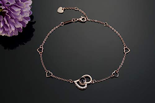Women Love Heart Projection Bracelet or Anklet Jewelry, 925 Sterling Silver Memory of Love Bracelet or Anklet - 100 Different Languages for I Love You (Rose Gold Anklet/Large Bracelet)