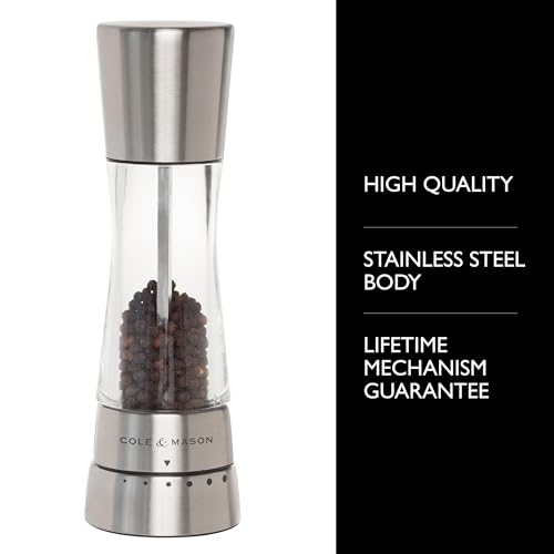 COLE & MASON Derwent Pepper Grinder - Stainless Steel Mill Includes Gourmet Precision Mechanism and Premium Peppercorns